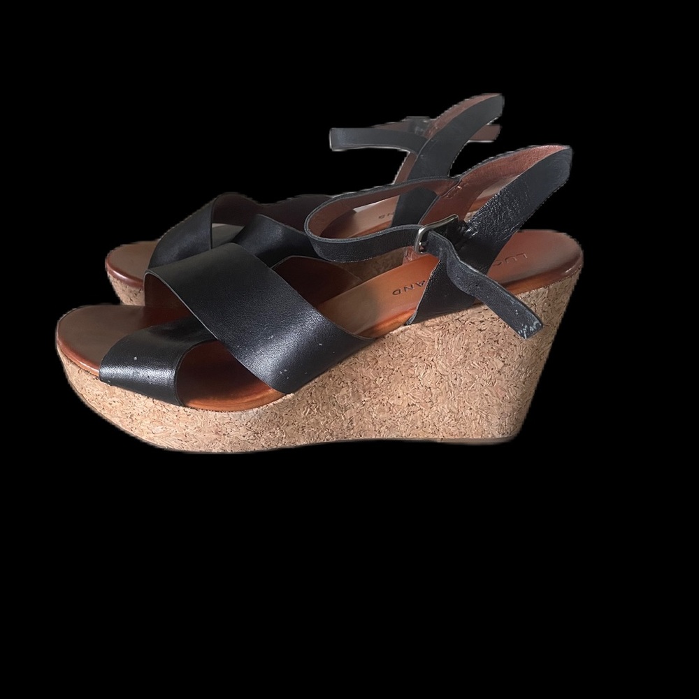 Lucky Brand Black Cross Leather Open Toe Wedge Heel Ankle Strap Sz 10 - Picture 1 of 7